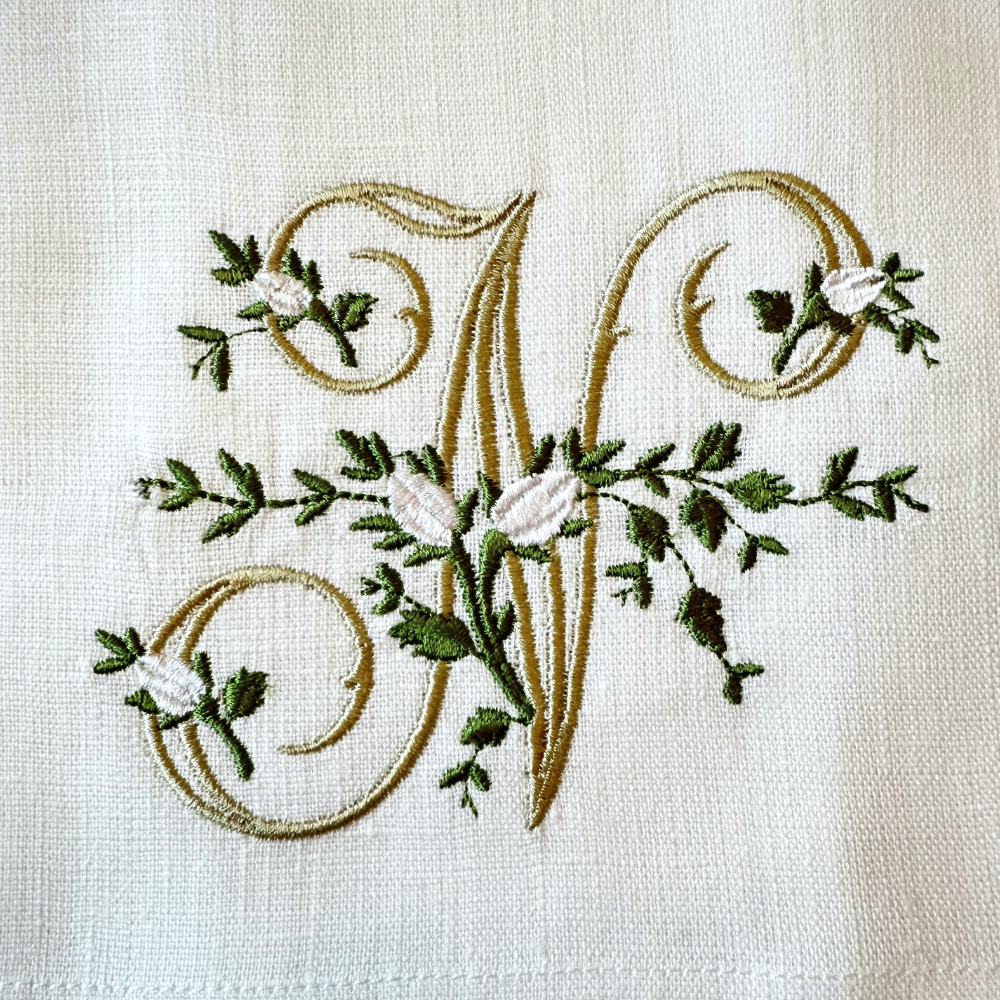Floral Monogram White Linen Bow / Sash - New