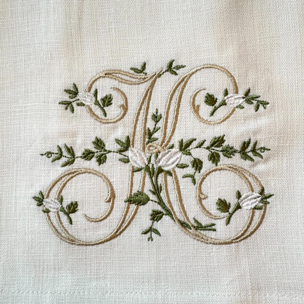 Floral Monogram White Linen Bow / Sash - New