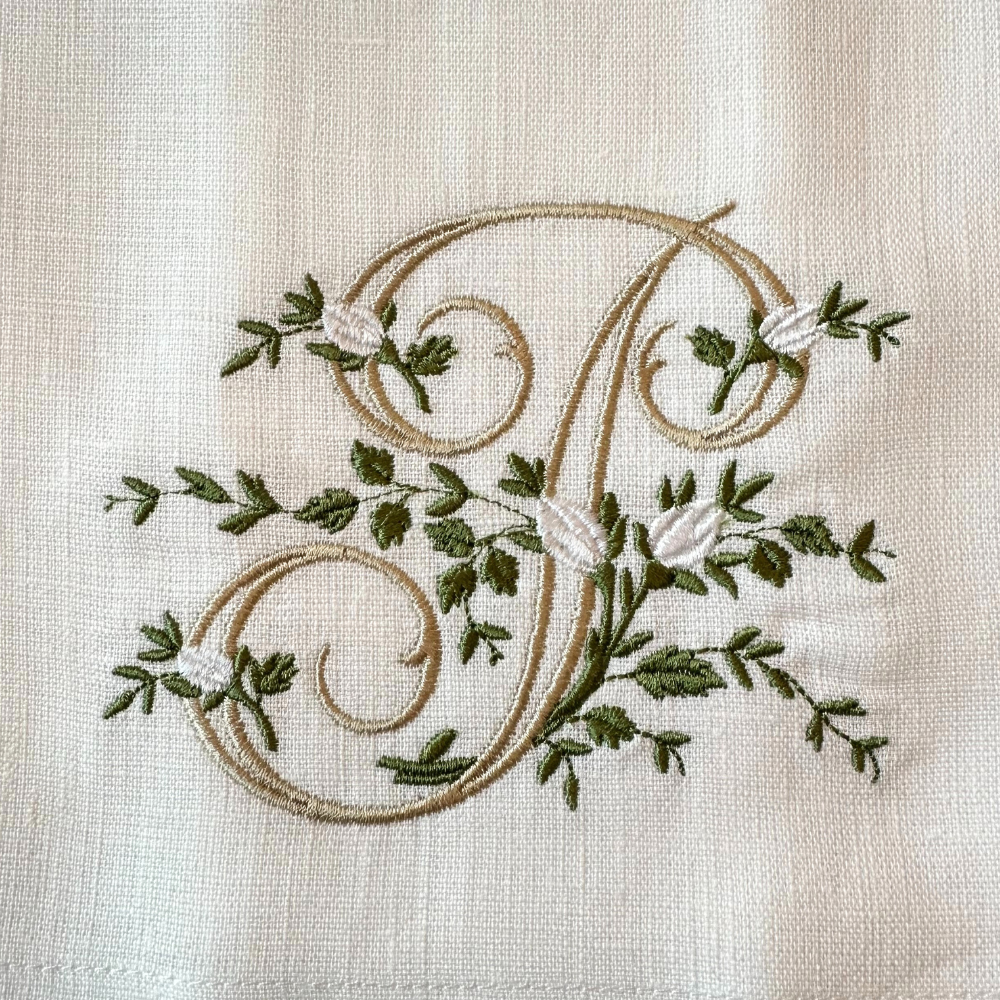 Floral Monogram White Linen Bow / Sash - New