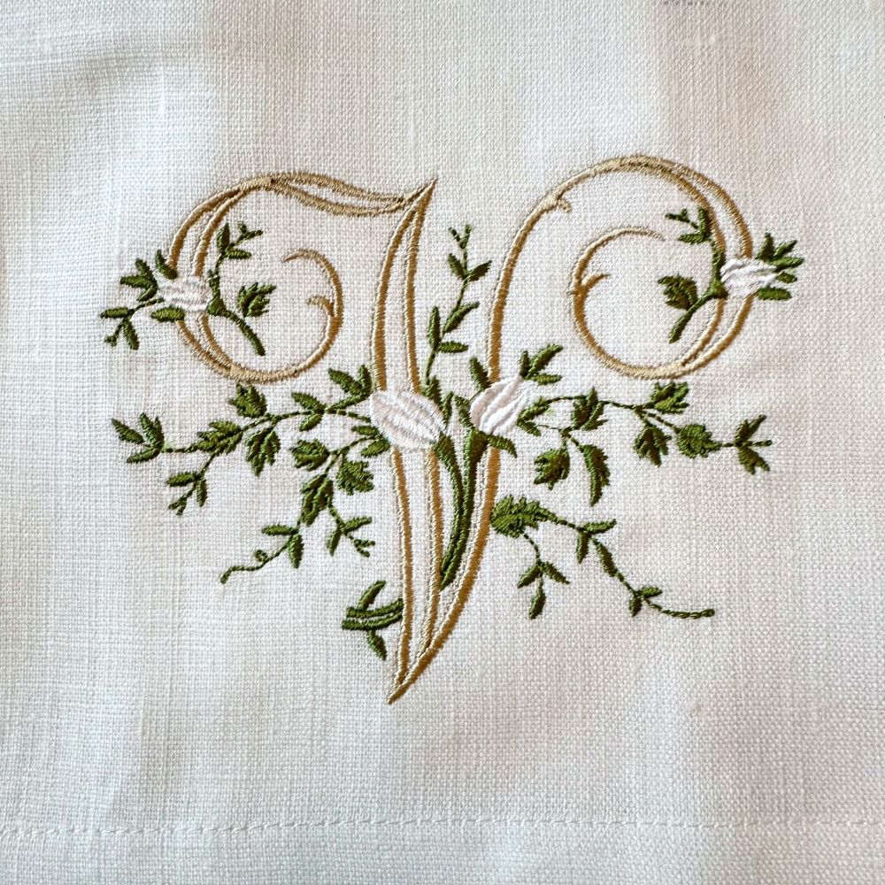Floral Monogram White Linen Bow / Sash - New