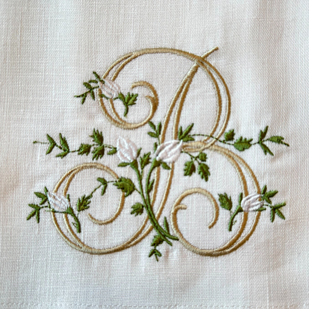 Floral Monogram White Linen Bow / Sash - New