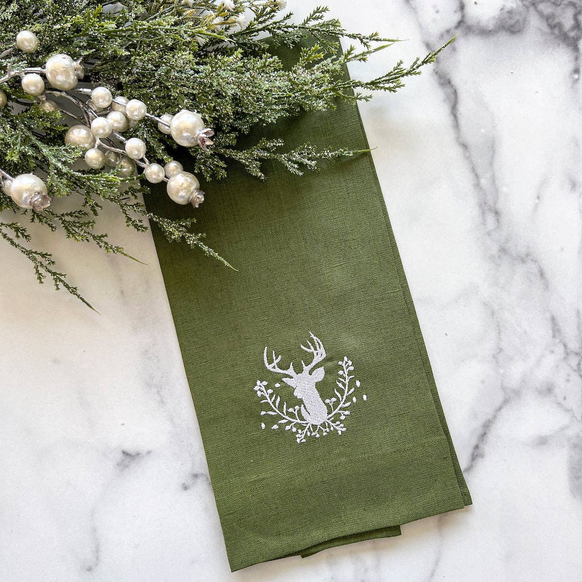 Stag with Holly Berries Linen Towel