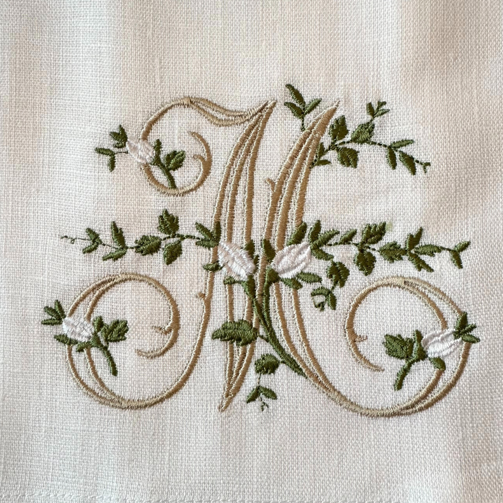 Floral Monogram White Linen Bow / Sash - New
