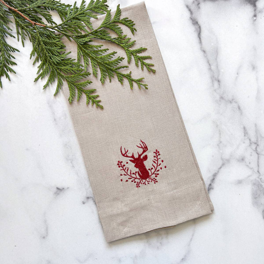 Stag with Holly Berries Linen Towel