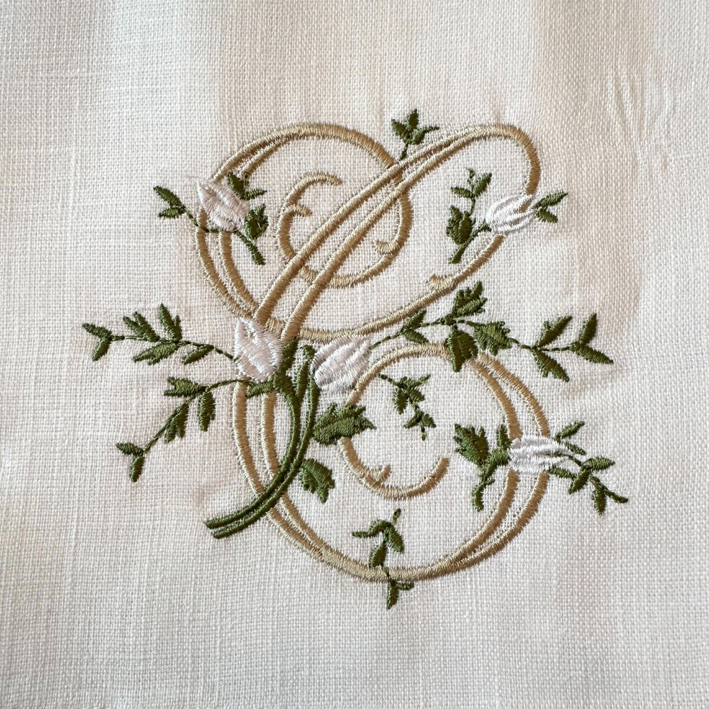 Floral Monogram White Linen Bow / Sash - New