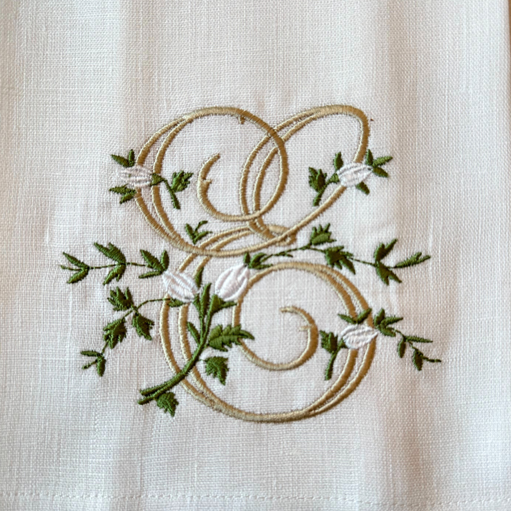 Floral Monogram White Linen Bow / Sash - New