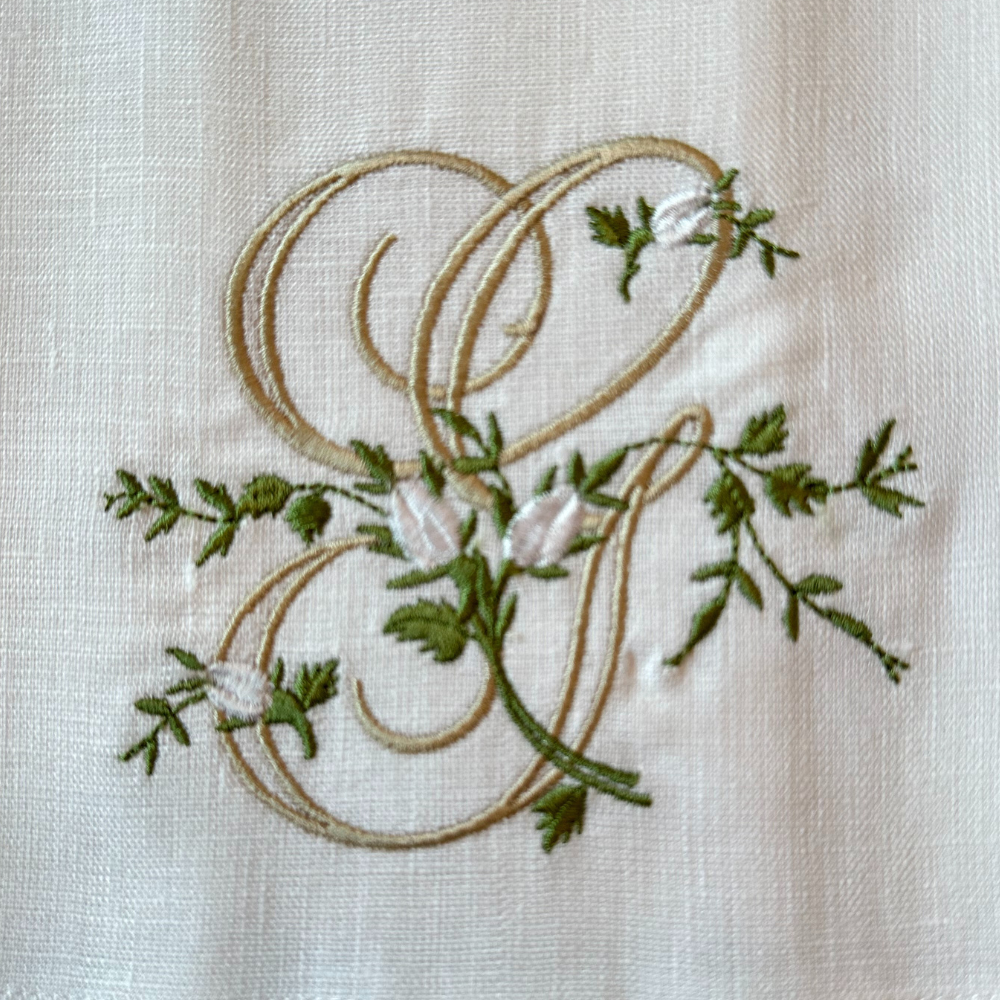 Floral Monogram White Linen Bow / Sash - New