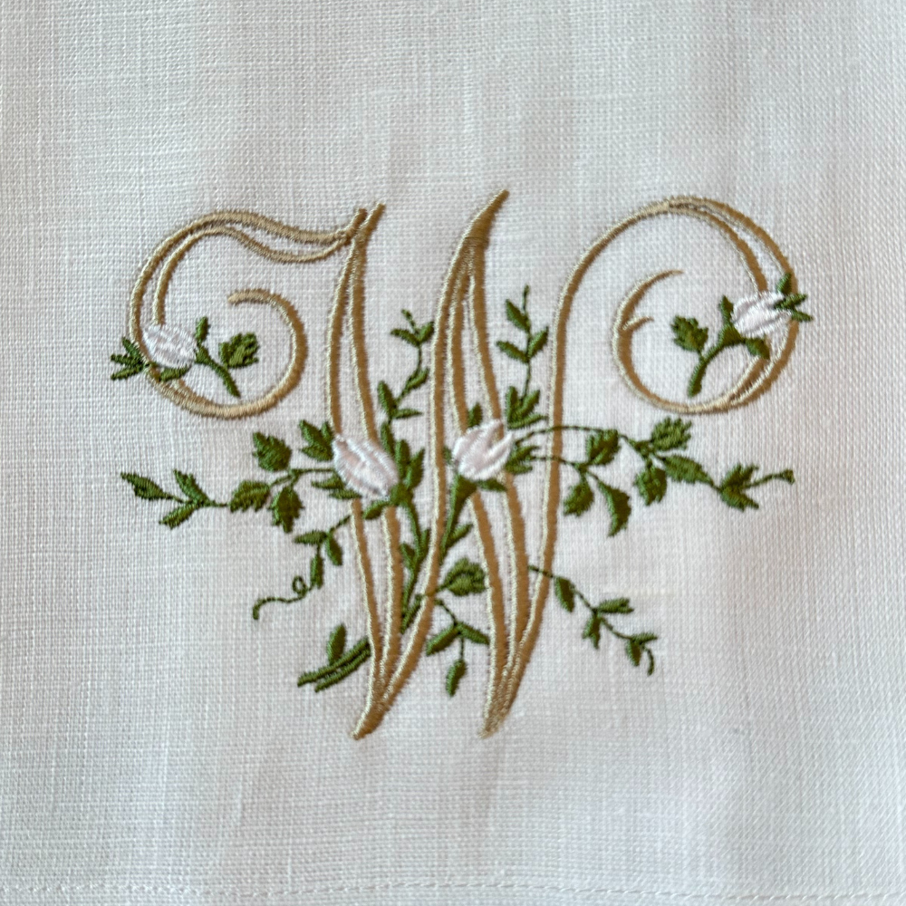Floral Monogram White Linen Bow / Sash - New