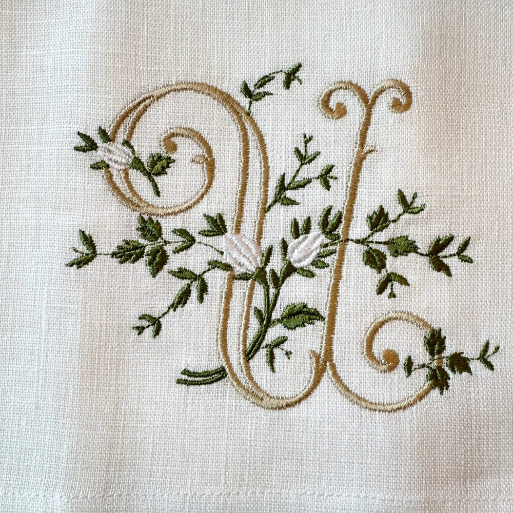 Floral Monogram White Linen Bow / Sash - New