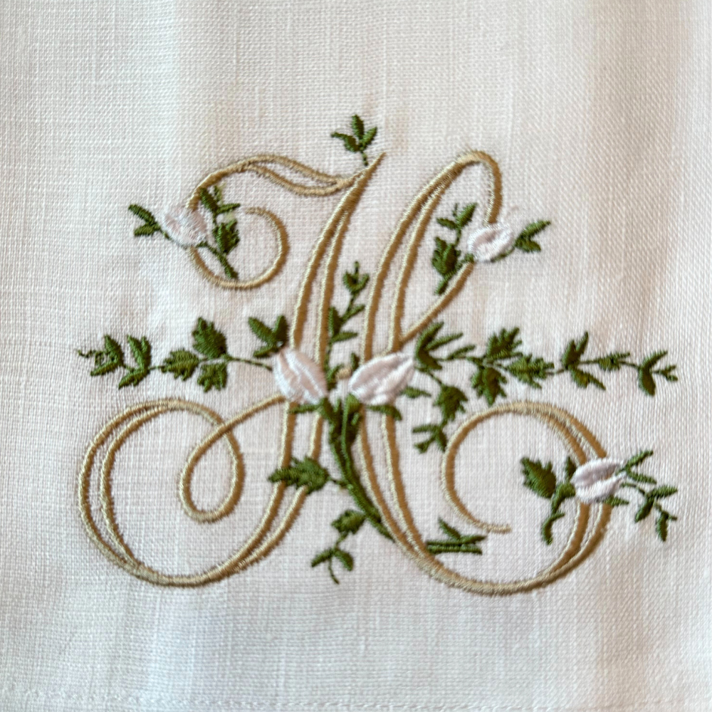 Floral Monogram White Linen Bow / Sash - New