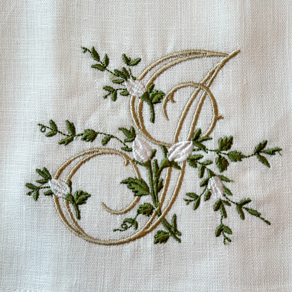Floral Monogram White Linen Bow / Sash - New