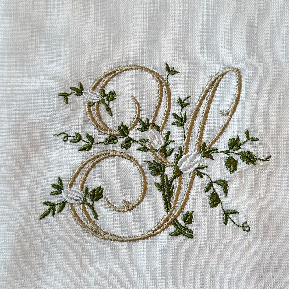 Floral Monogram White Linen Bow / Sash - New