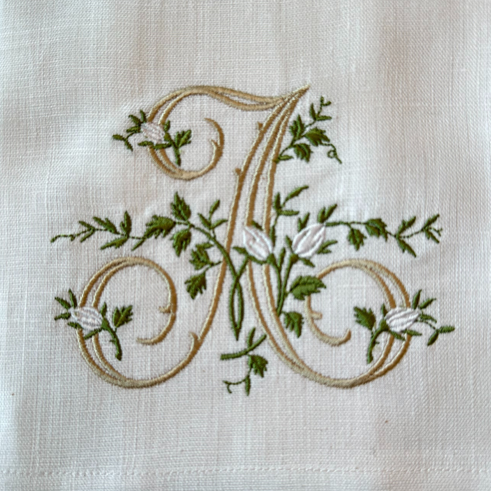 Floral Monogram White Linen Bow / Sash - New
