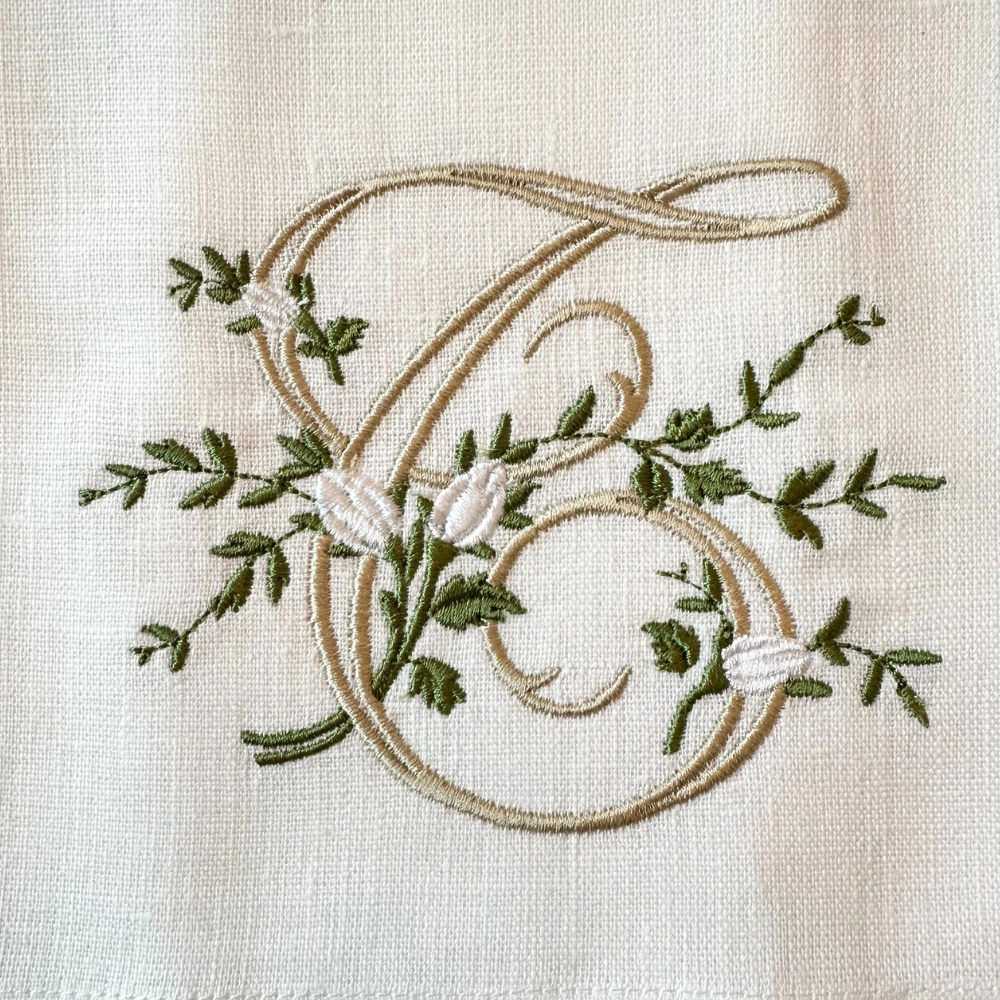 Floral Monogram White Linen Bow / Sash - New