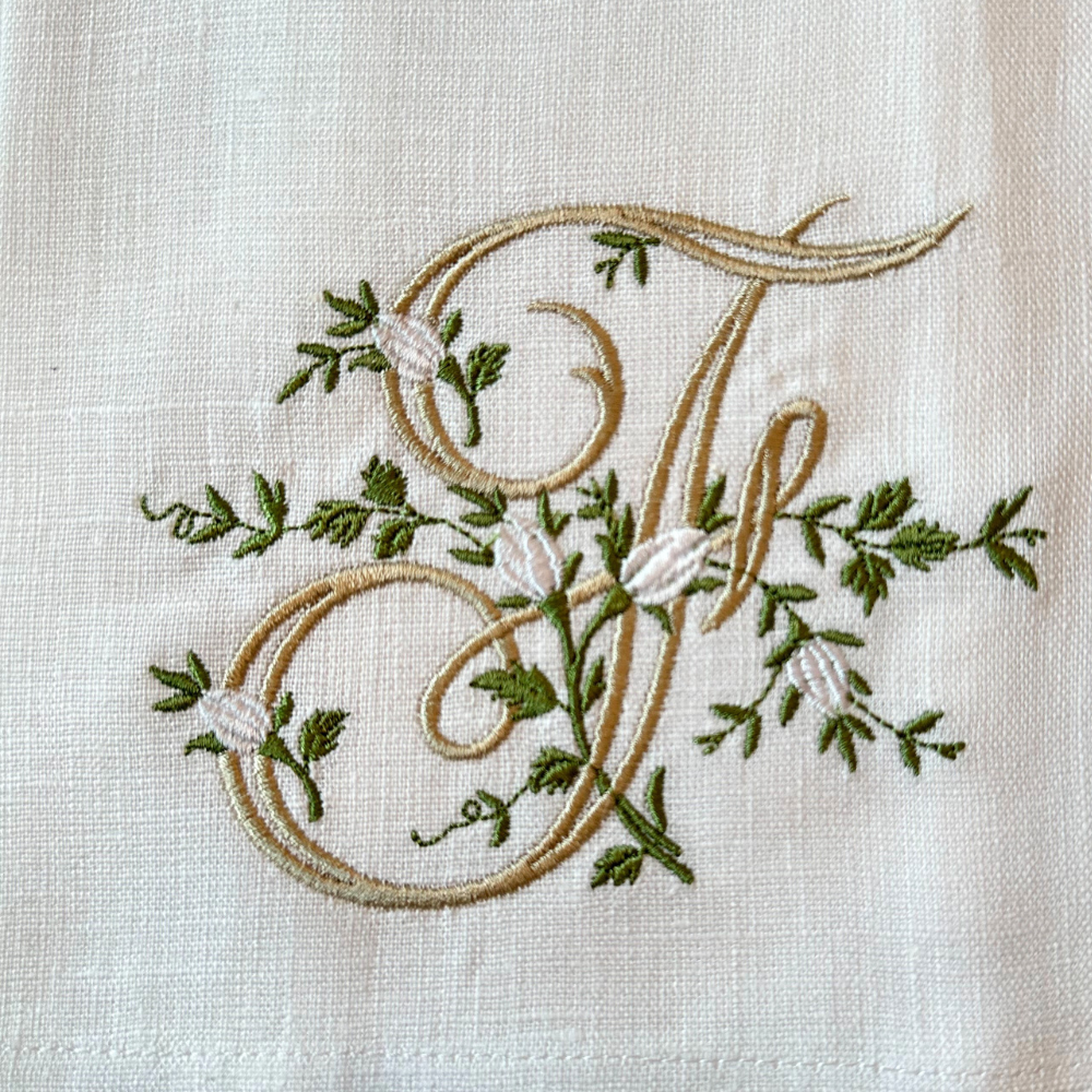 Floral Monogram White Linen Bow / Sash - New