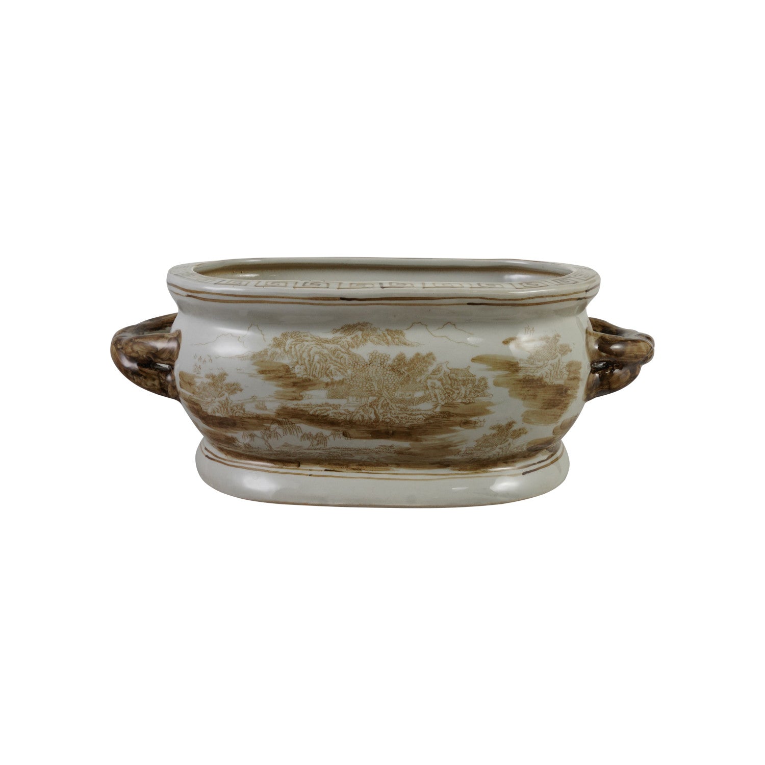 Hand-Painted Stoneware Vintage Reproduction Planter with Landscape