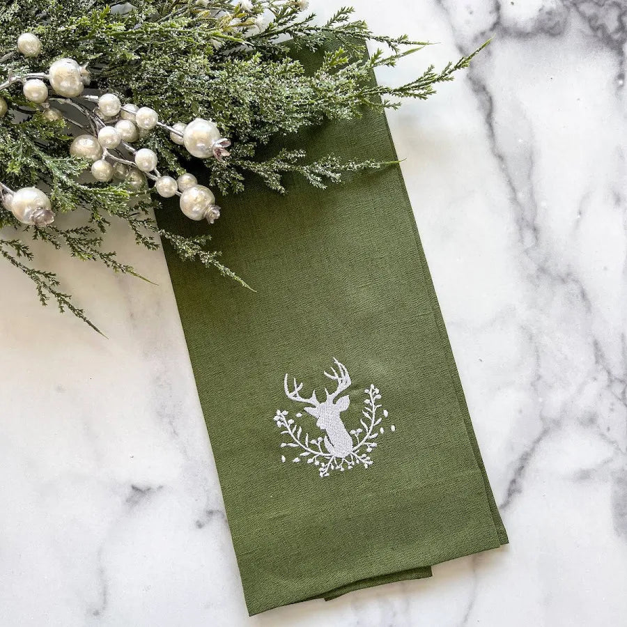 Stag with Holly Berries Linen Towel