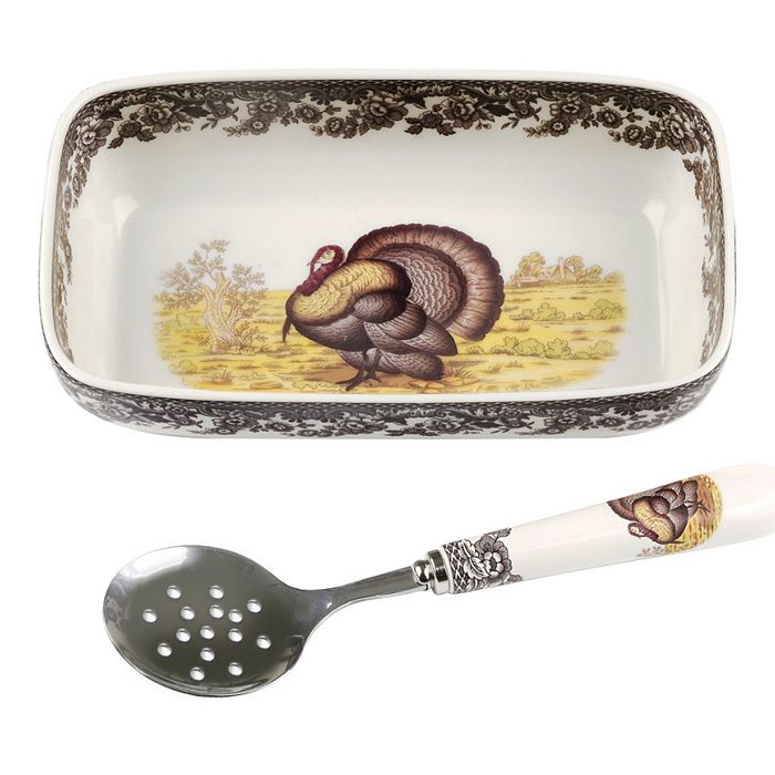 Spode Woodland Turkey Cranberry Dish w/ Slotted Spoon